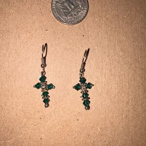 Green Crystal Cross Dangle Earrings - Unbranded
